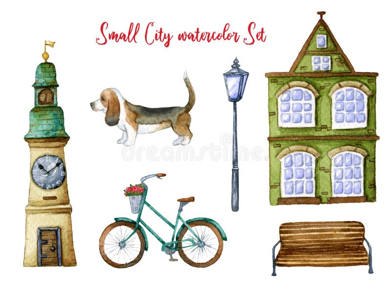 Cute watercolor sticker picture set with old Amsterdam houses, city tower, basset hound dog, vintage bicycle and park bench with a