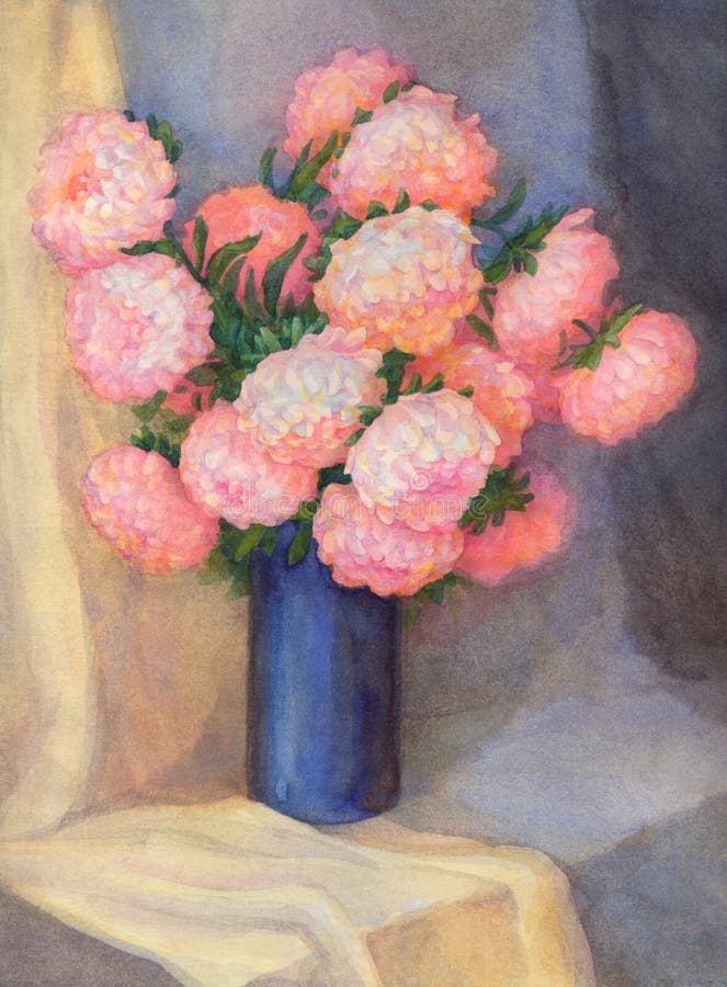 Watercolor Still Life. Pink asters in dark blue vase stock illustration Watercolor Still Life. Pink asters in dark blue vase stock illustration