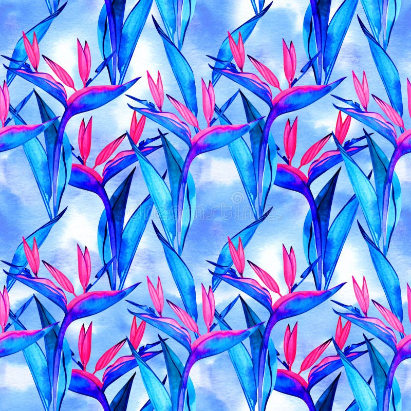 Watercolor Strelitzia Seamless Pattern. Seamless Pattern with Tropical