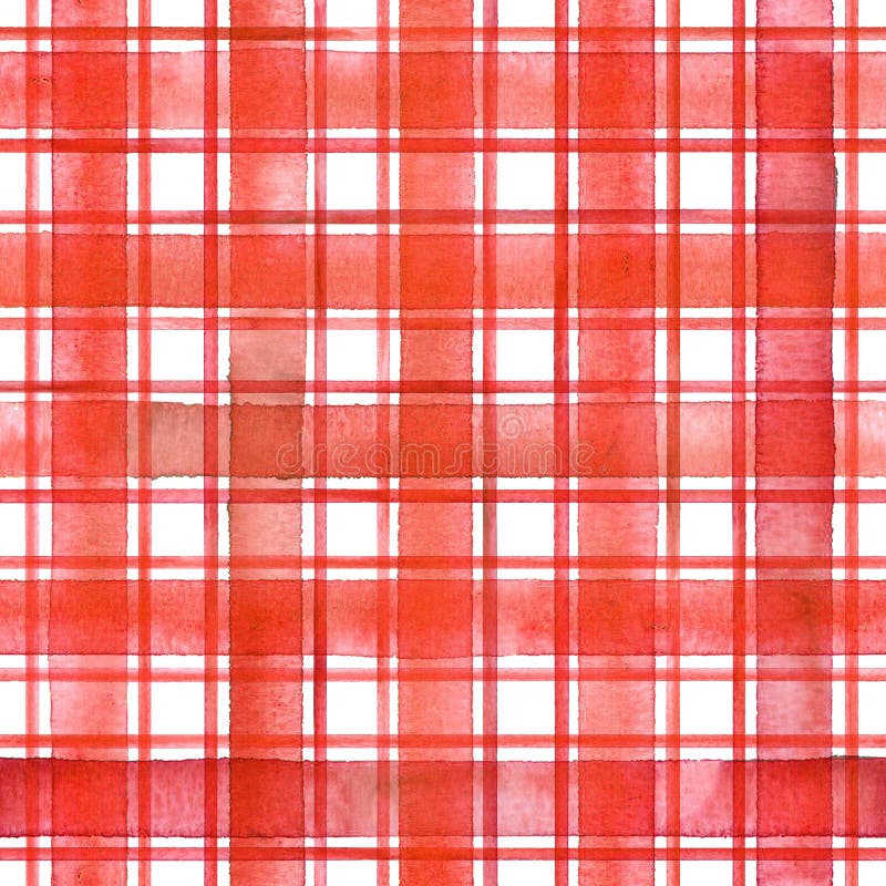 Watercolor stripe plaid seamless pattern. Red stripes on white background