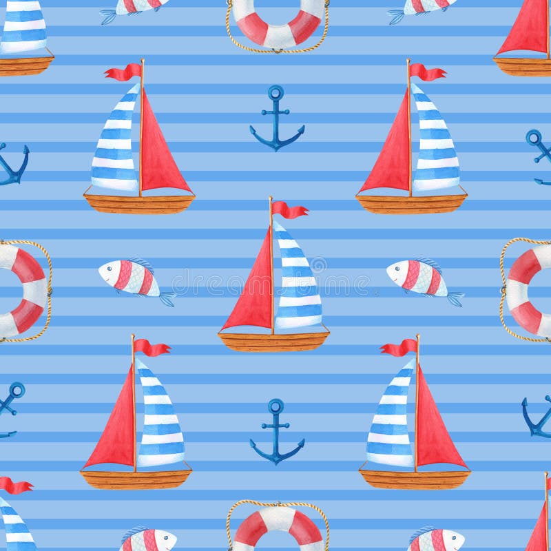Watercolor striped marine seamless pattern with wooden ship, anchor,fish.Watercolour summer illustration with sea