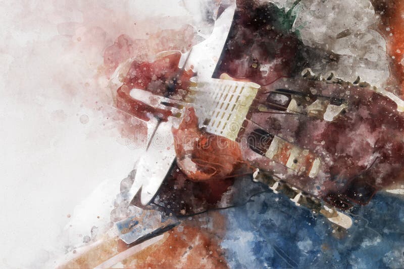 watercolor style abstract image of young girl playing acoustic guitar.