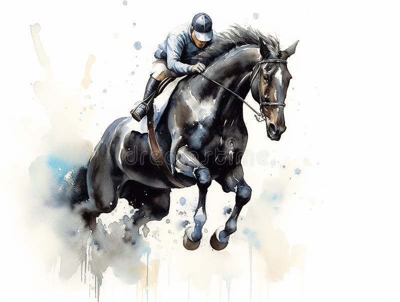 watercolor amazing jumping horse jumping a very high hurdle, equestrian competitions, horse clip art, watercolor style, ai