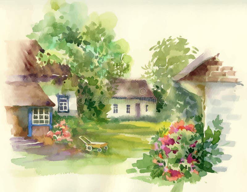 Watercolor summer rural landscape with trees at countryside. vector illustration Watercolor summer rural landscape with trees at countryside. vector illustration