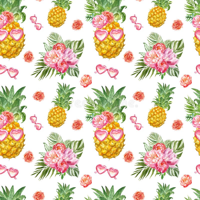 Funny summer seamless pattern with fresh pineapple in sunglasses and tropical plants on white background. Cute hawaiian print