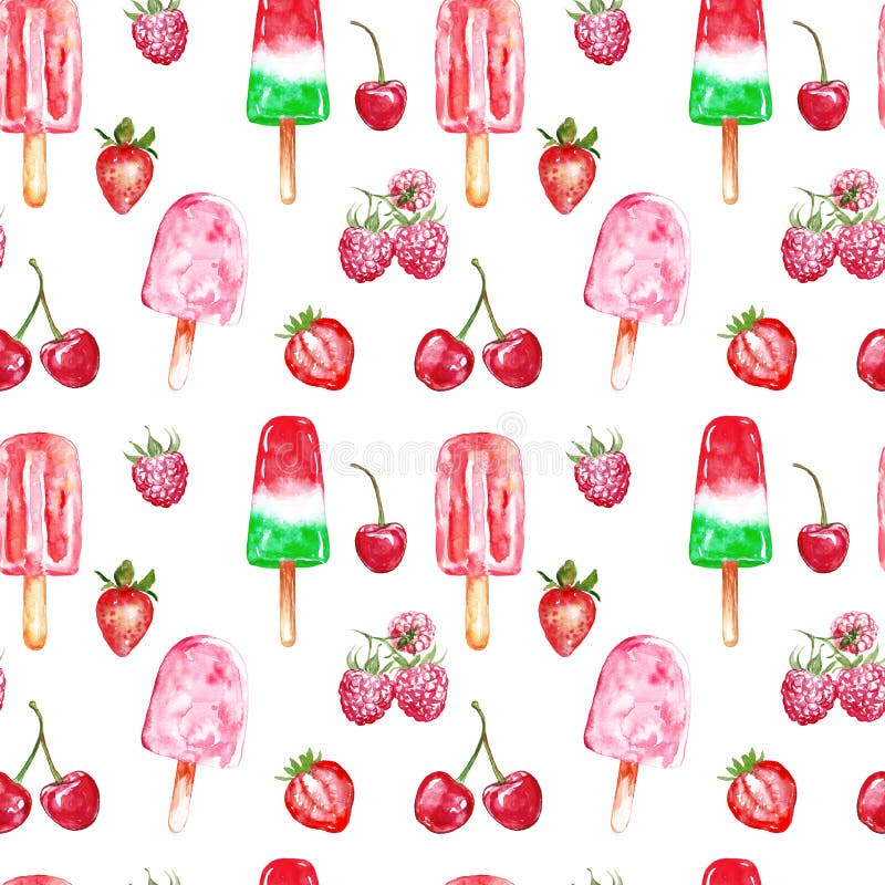 Watercolor red cherries seamless pattern with berry and ice popsicles , isolated on white background. Summer bright print