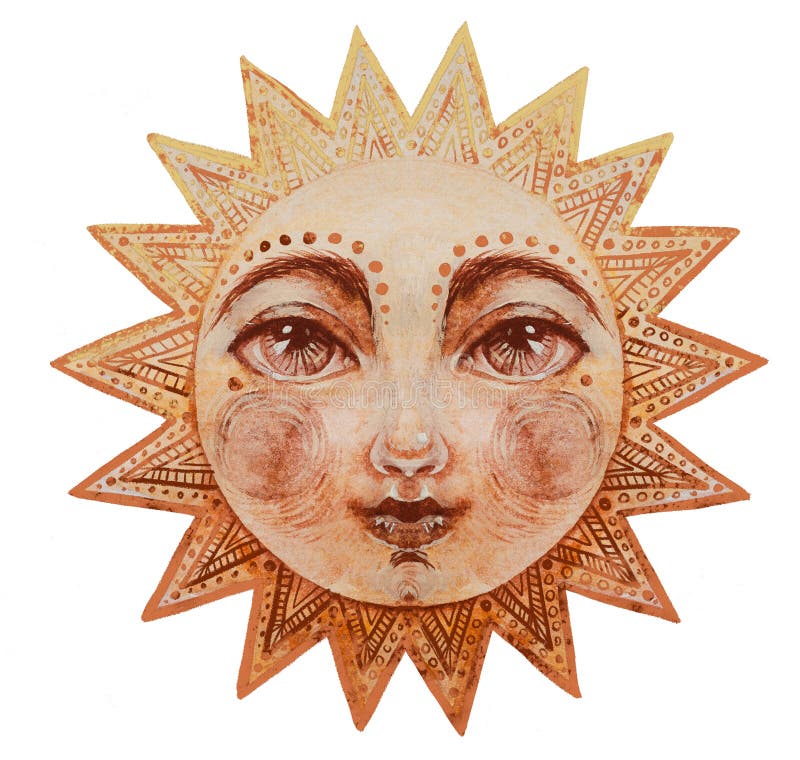 Watercolor sun with face, cute mystical watercolor drawing for astrology, boho design. Pagan divine illustration