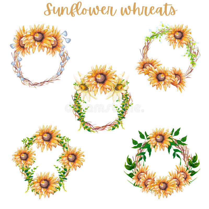 Watercolor sunflower wreaths, set of 5