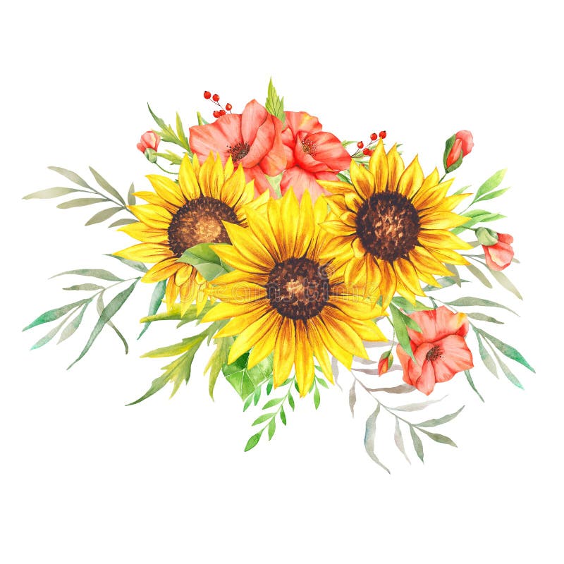 Watercolor Sunflowers Bouquet, Hand Painted Sunflower Bouquets ...