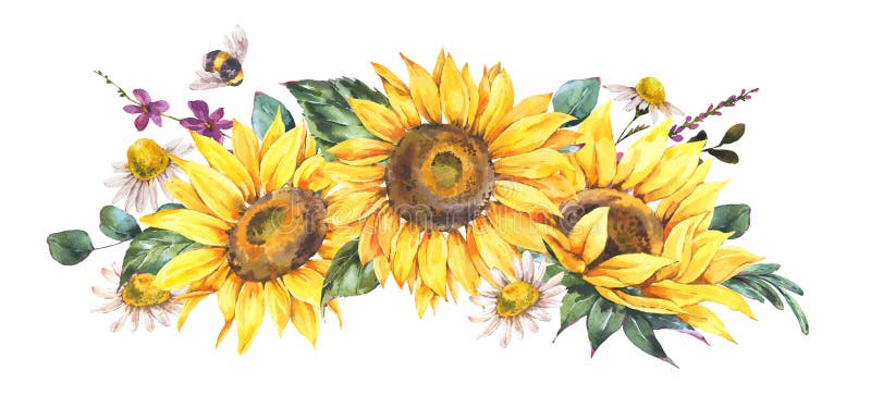 Watercolor sunflowers summer vintage wreath. Natural yellow floral greeting card