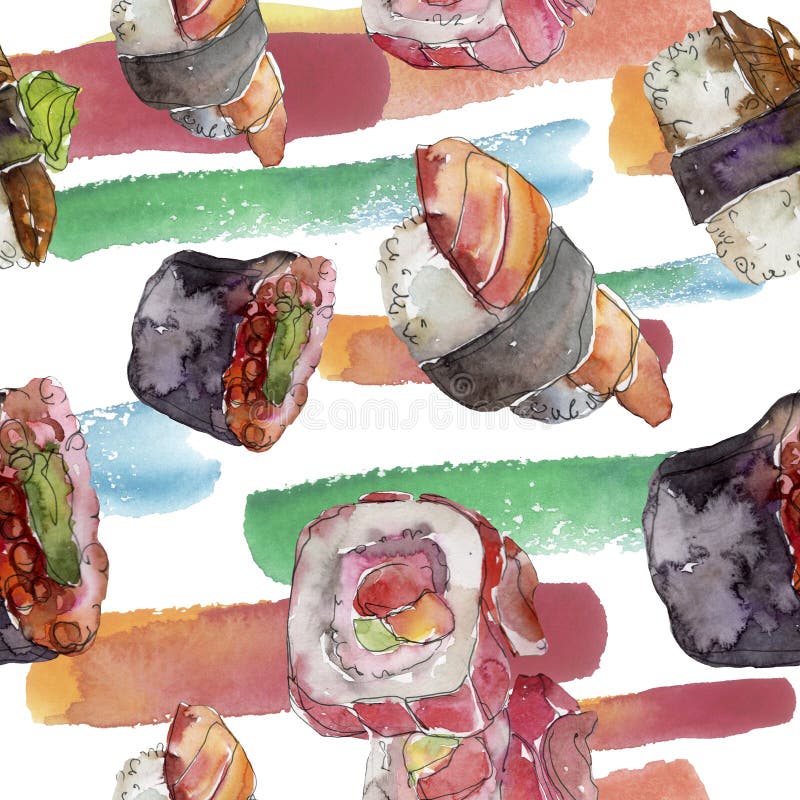 Watercolor Sushi Set of Beautiful Tasty Japanese Food Illustration ...