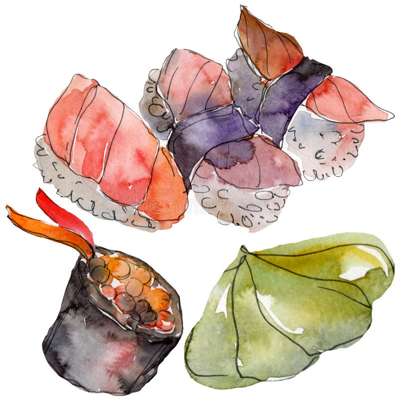 Watercolor sushi set of beautiful tasty japanese sushi illustration. Hand drawn objects isolated on white background. vector illustration Watercolor sushi set of beautiful tasty japanese sushi illustration. Hand drawn objects isolated on white background. vector illustration