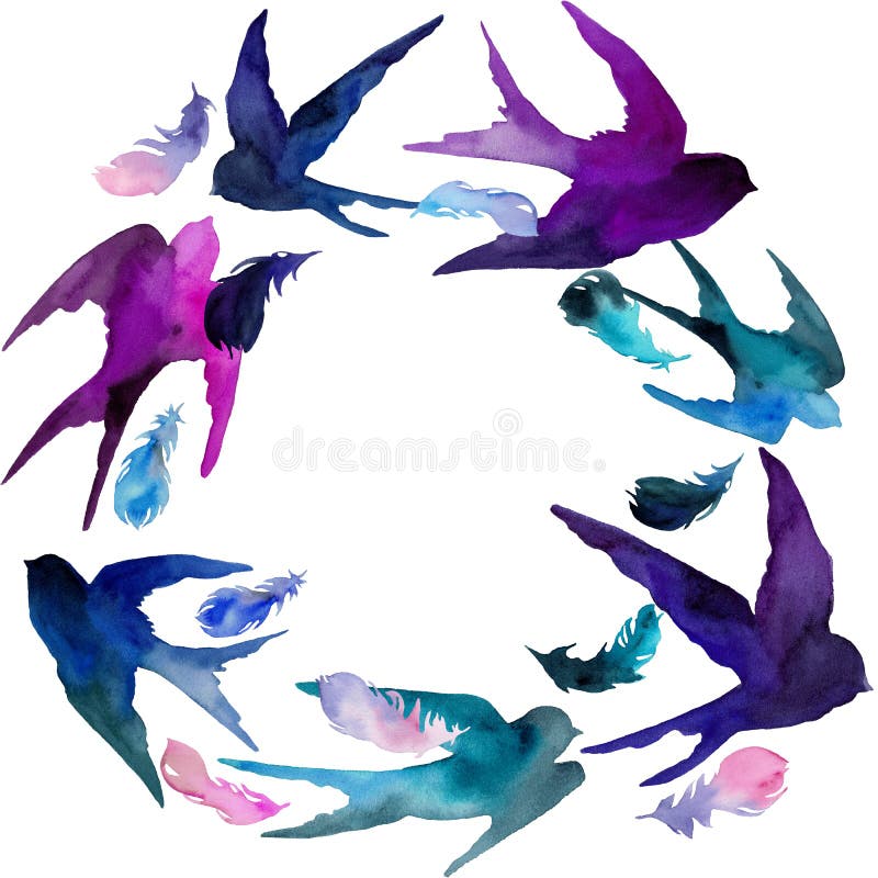 Watercolor swallows and feathers in circle romantic frame