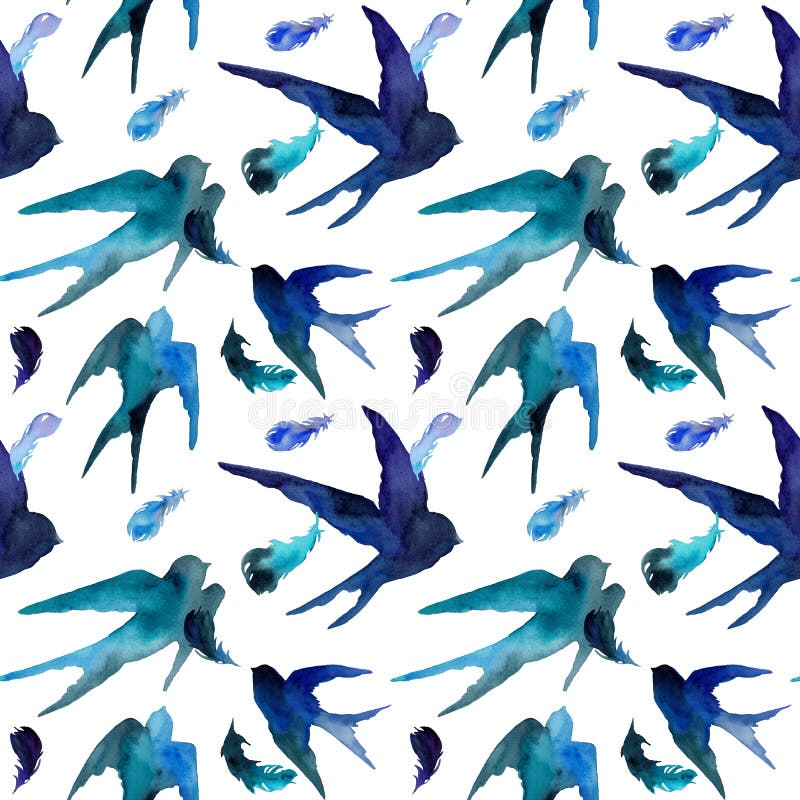 Watercolor swallows and feathers in seamless pattern