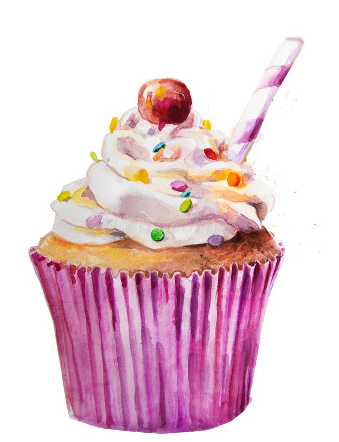 Watercolor sweet cupcake stock illustration. Illustration of candy