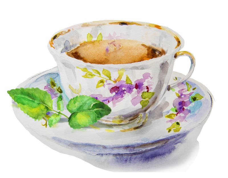 Watercolor tea cup with mint