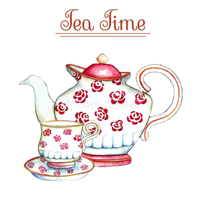 Watercolor teapot and cup. stock vector. Illustration of retro  60415770