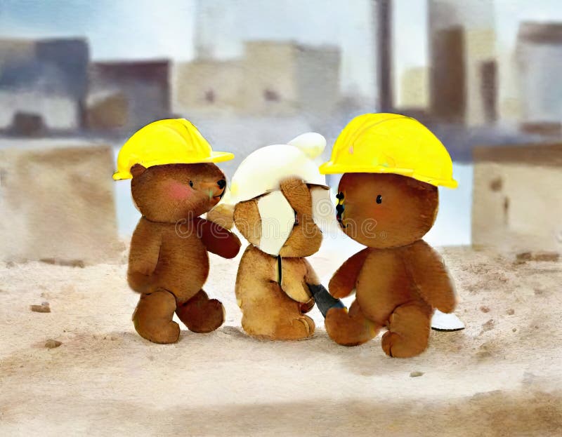 Watercolor of of Teddy Bears on a Construction Site Created Using Tools