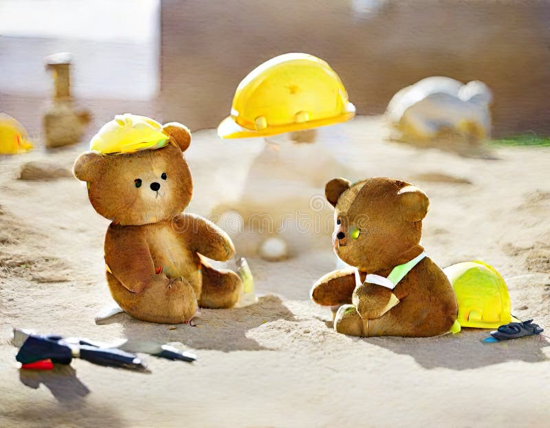 Watercolor of of Teddy Bears on a Construction Site Created Using Tools