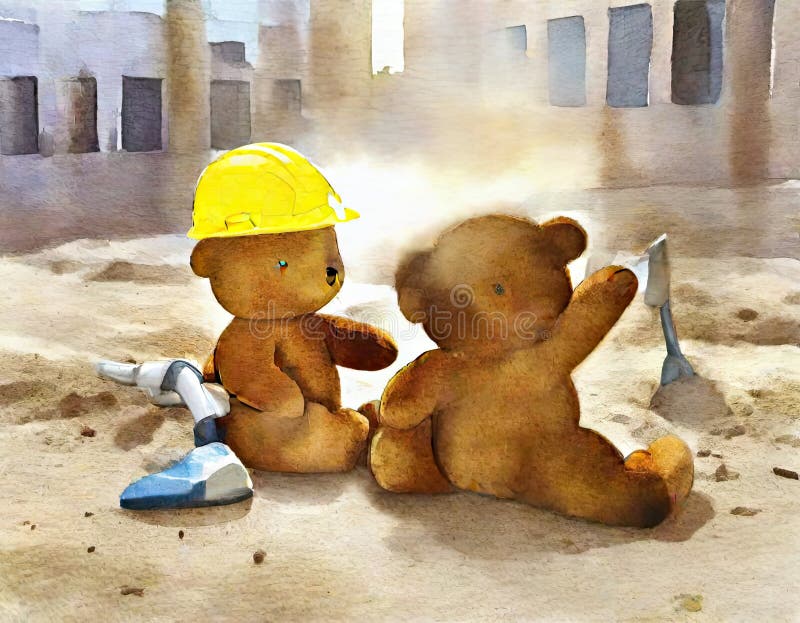 Watercolor of of Teddy Bears on a Construction Site Created Using Tools