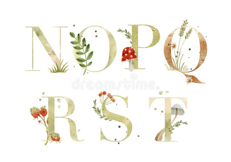 Watercolor Textured Letters from N To T in Uppercase with Natural ...
