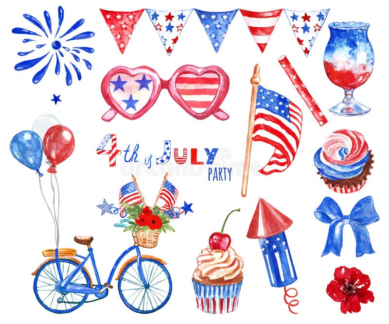 Watercolor 4th of July big hand drawn set with red, white and blue symbols of national USA holiday, isolated on white background