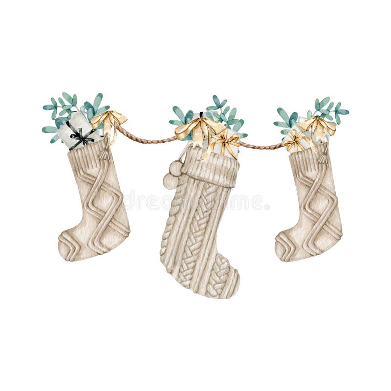 Watercolor traditional knitted Christmas stocking with gifts clipart. High quality hand drawn winter holiday illustration. Winter tie warm knitted mittens with fir tree branches for Christmas decor.