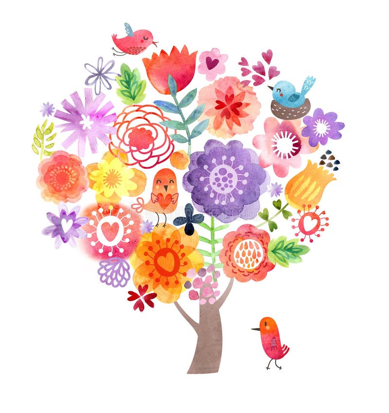 Watercolor tree with flowers and birds