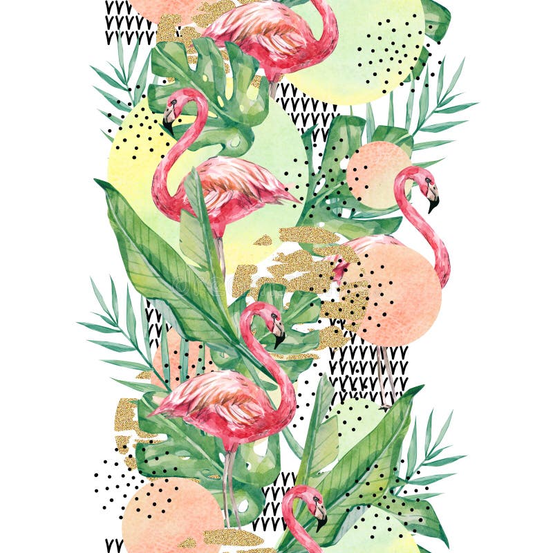 Watercolor tropical floral and flamingo, branches and leaves background -abstract seamless pattern tropical plant royalty free illustration Watercolor tropical floral and flamingo, branches and leaves background -abstract seamless pattern tropical plant royalty free illustration