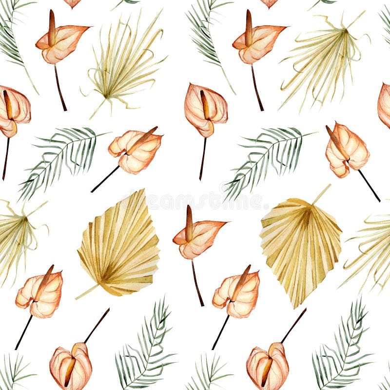 Watercolor tropical floral and flower seamless pattern in boho style. Bohemian dried botanical . Anthurium, palm royalty free illustration Watercolor tropical floral and flower seamless pattern in boho style. Bohemian dried botanical . Anthurium, palm royalty free illustration