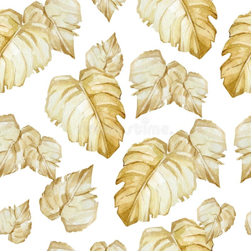 Watercolor tropical floral seamless pattern. Glomour golden color leaves and flowers for trendy boho and modern style. vector illustration Watercolor tropical floral seamless pattern. Glomour golden color leaves and flowers for trendy boho and modern style. vector illustration