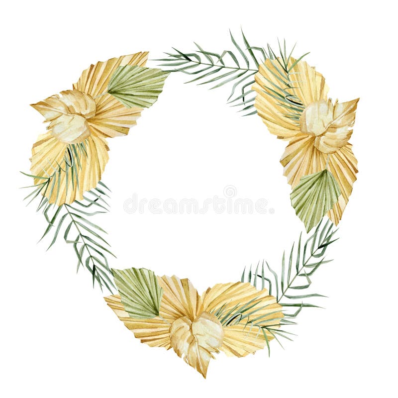 Watercolor tropical floral wreath. Golden and faded green color dried jungle leaves in trendy boho style. Bohemian elements stock illustration Watercolor tropical floral wreath. Golden and faded green color dried jungle leaves in trendy boho style. Bohemian elements stock illustration