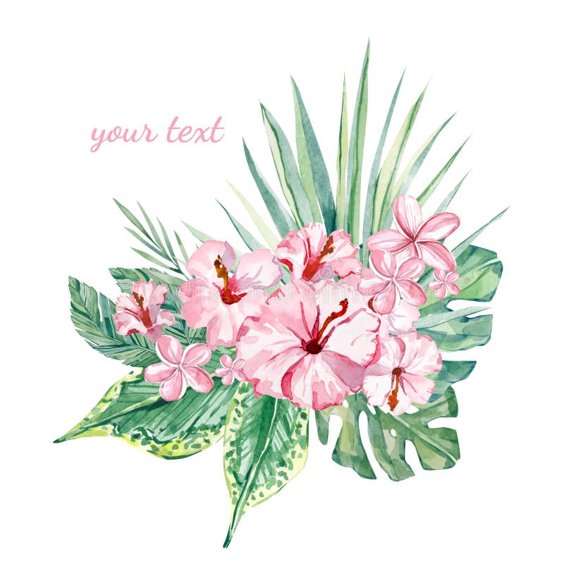 Watercolor tropical flowers, branches and leaves - summer illustration for wedding stationary royalty free illustration Watercolor tropical flowers, branches and leaves - summer illustration for wedding stationary royalty free illustration