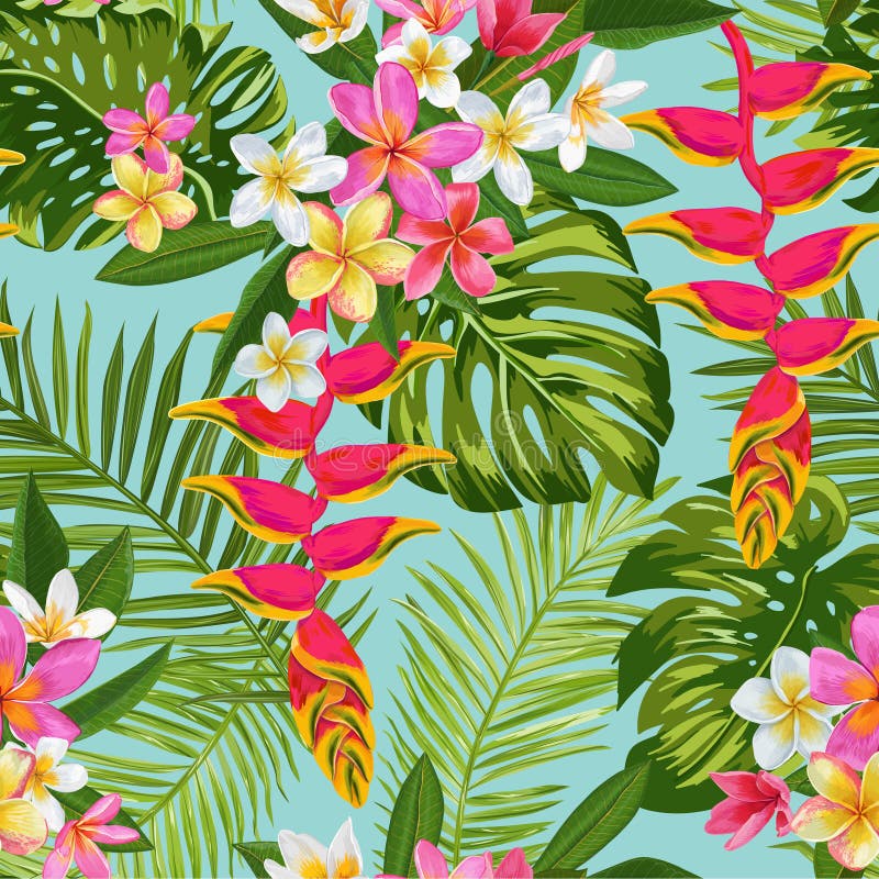 Watercolor Tropical Flowers and Palm Leaves Seamless Pattern. Floral Hand Drawn Background. Blooming Plumeria Flowers