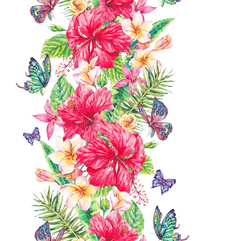 Watercolor tropical flowers seamless border vector illustration Watercolor tropical flowers seamless border vector illustration