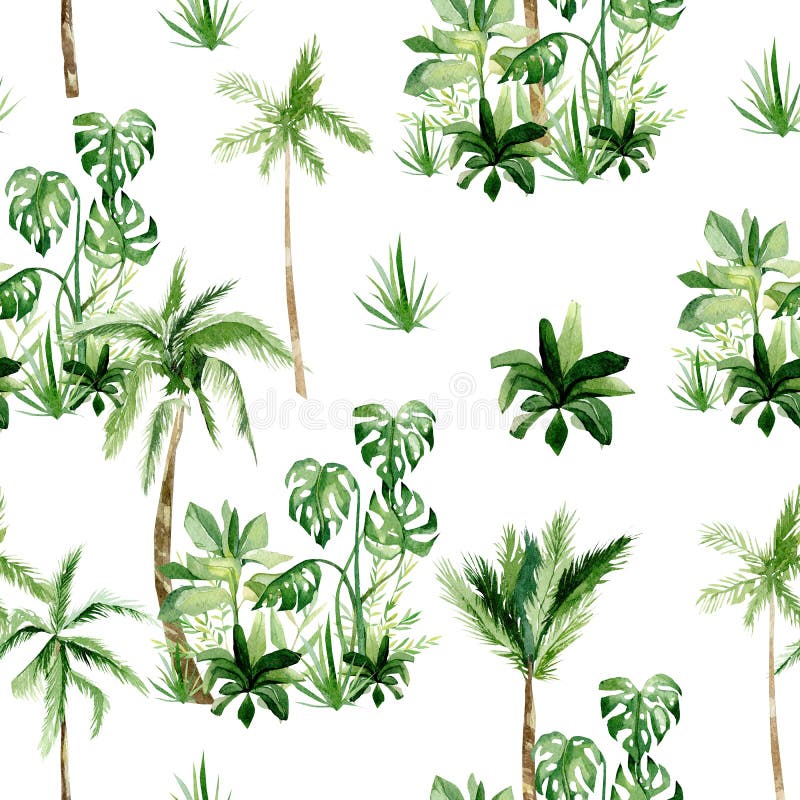 Watercolor tropical plants and trees seamless pattern. Africa summer kids jungle background, savannah pattern stock illustration Watercolor tropical plants and trees seamless pattern. Africa summer kids jungle background, savannah pattern stock illustration