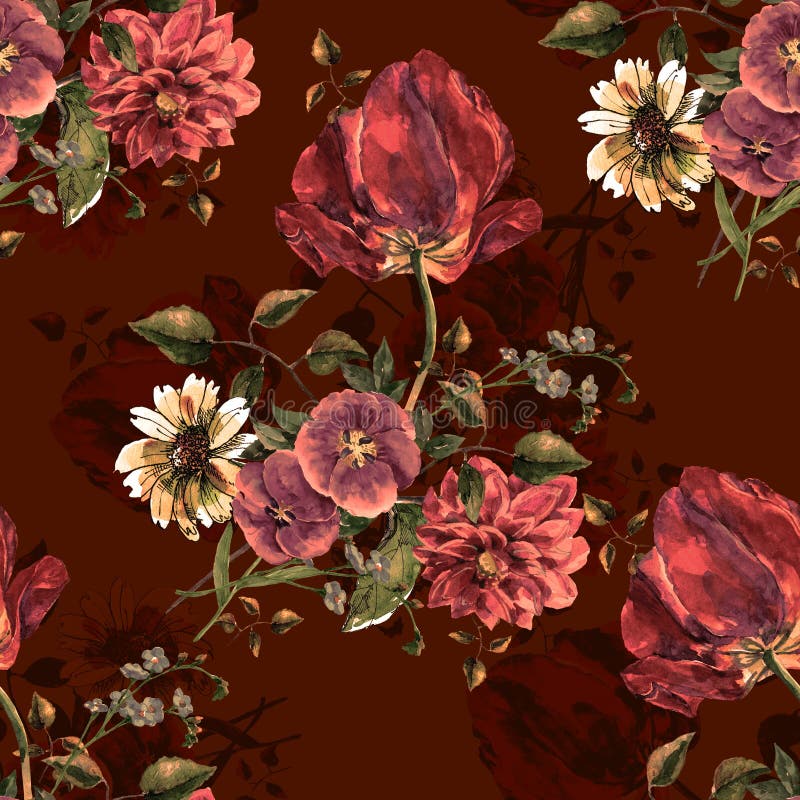 Watercolor bouquet flowers. Floral seamless pattern on a burgundy background with shade.