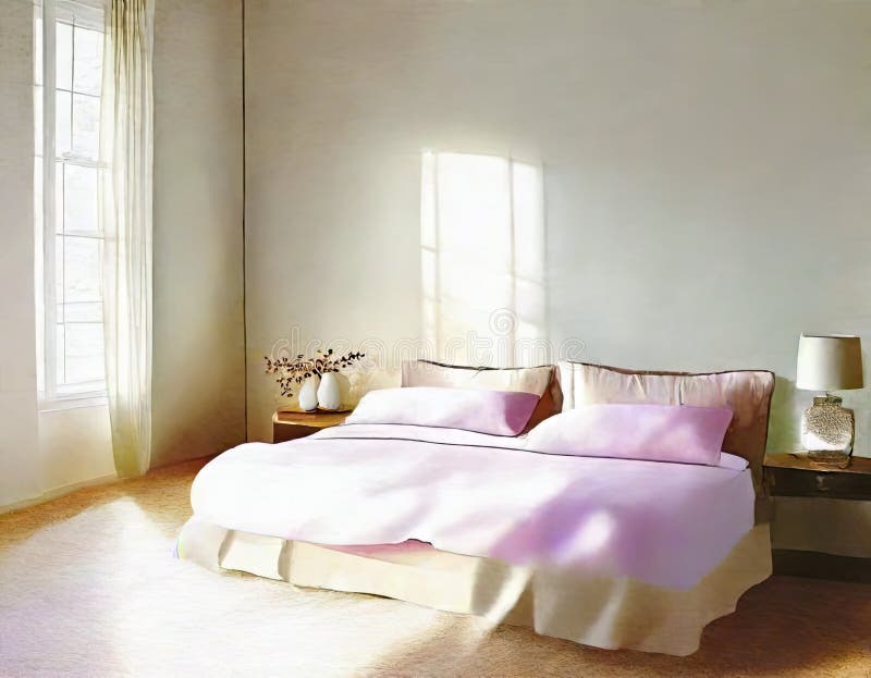 Watercolor of Twin Bedroom Setup with Pastel Colored Bedding and Side