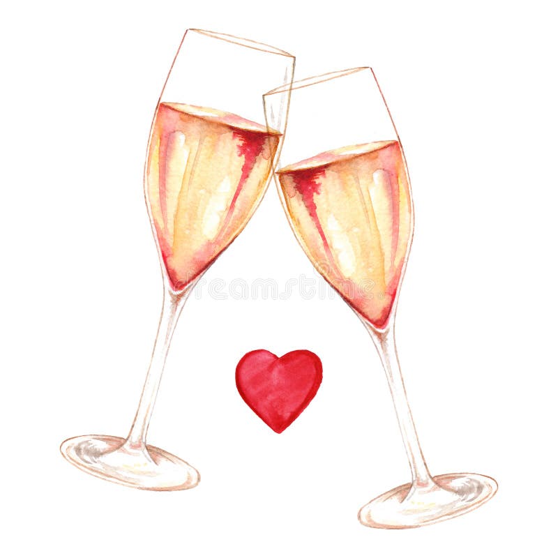 Watercolor two glasses of champagne wine alcohol heart love romantic isolated art illustration