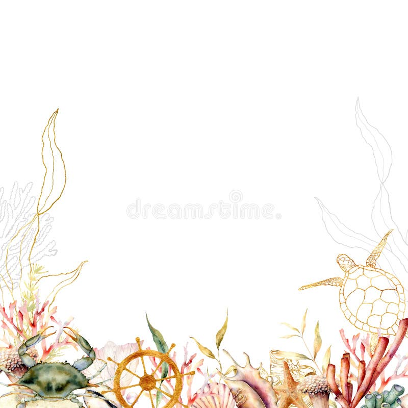 Watercolor underwater frame with composition of crab, turtle and coral. Hand painted illustration with coral reefs