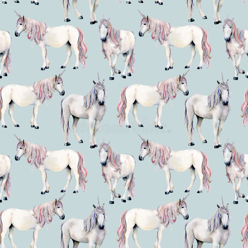 Watercolor unicorn seamless pattern. Hand painted fairy tale white horses isolated on plue background. Magic wallpaper