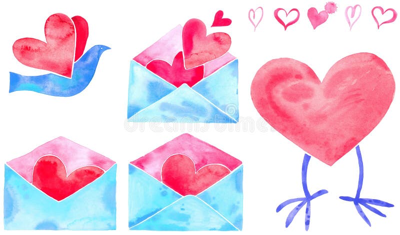 Watercolor valentine hearts and mail / bird