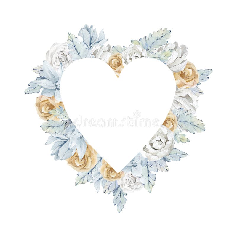 Watercolor Valentine`s day floral heart love wreath. Romantic single frame with dusty blue floral, white flower, golden rose