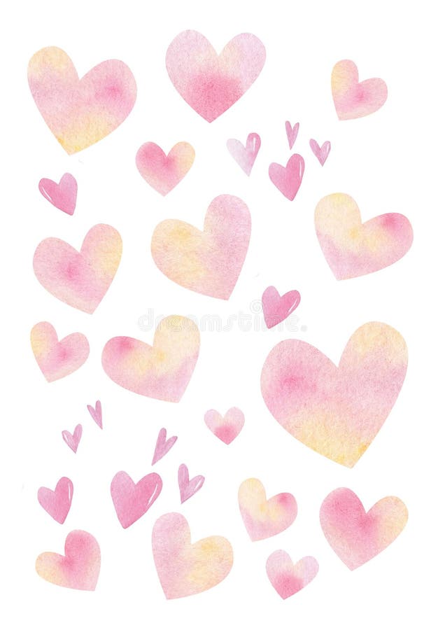 Watercolor valentines day card with pink hearts on white background