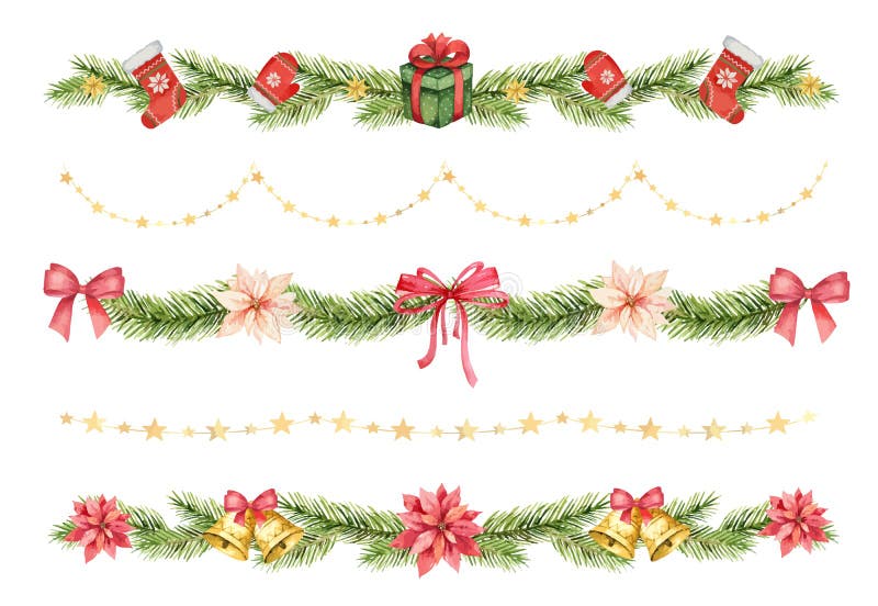 Watercolor vector Christmas set of borders of spruce green branches and gifts.