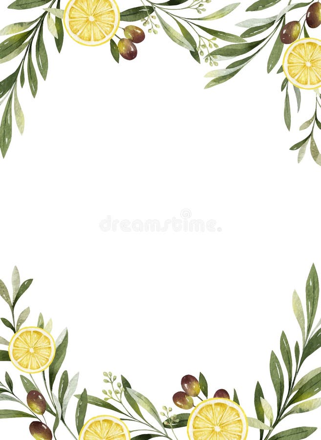 https://thumbs.dreamstime.com/b/watercolor-vector-frame-olive-branches-lemon-isolated-white-background-floral-illustration-cooking-magazines-kitchen-166838808.jpg