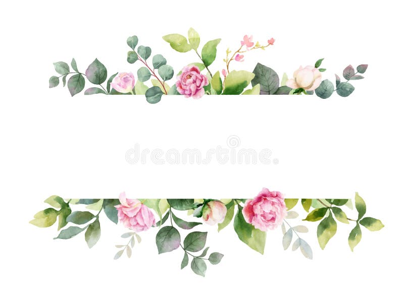 Watercolor vector hand painting horizontal banner of pink flowers and green leaves.