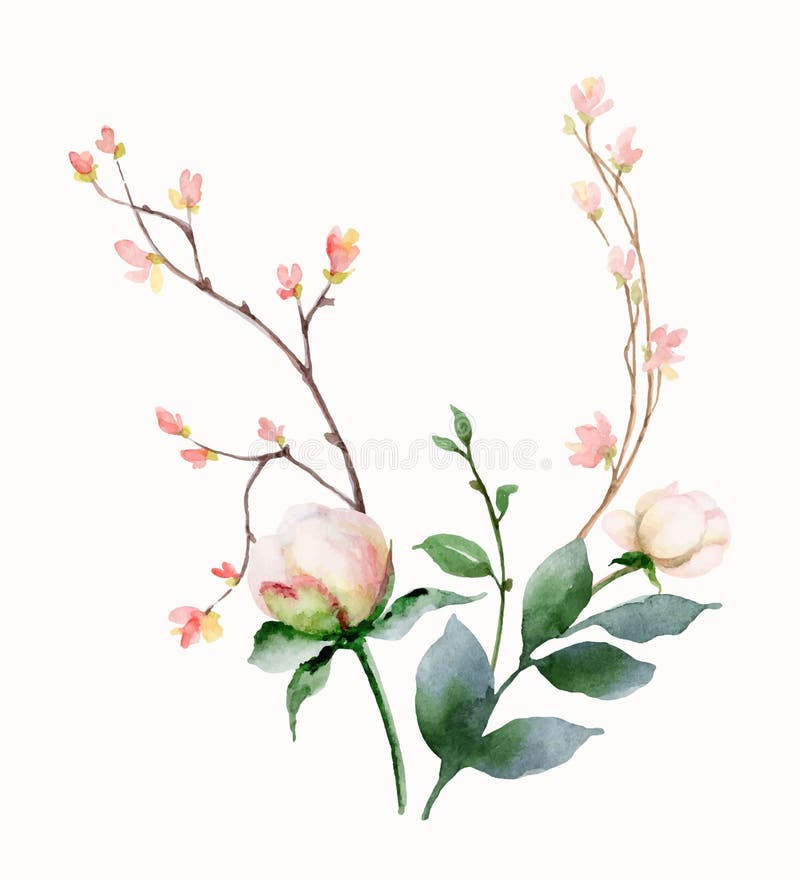 Watercolor Vector Hand Painting Wreath of Pink Flowers and Green Leaves ...