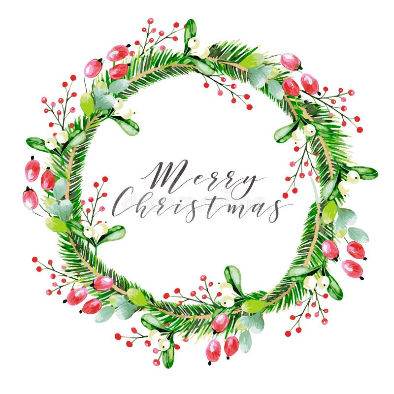 Watercolor vector illustration. Christmas wreath with fir branches, dog rose and gelder rose berries. Greeting card