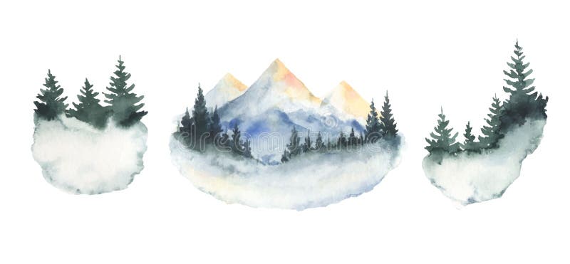 Download Watercolor Vector Set Of Forest Winter Landscapes. Stock ...